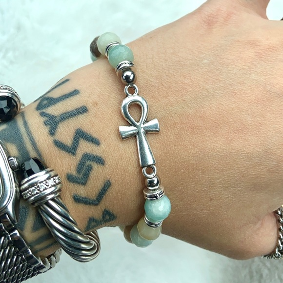 Genuine faceted amazonite gems ankh cross bracelet - Picture 10 of 12